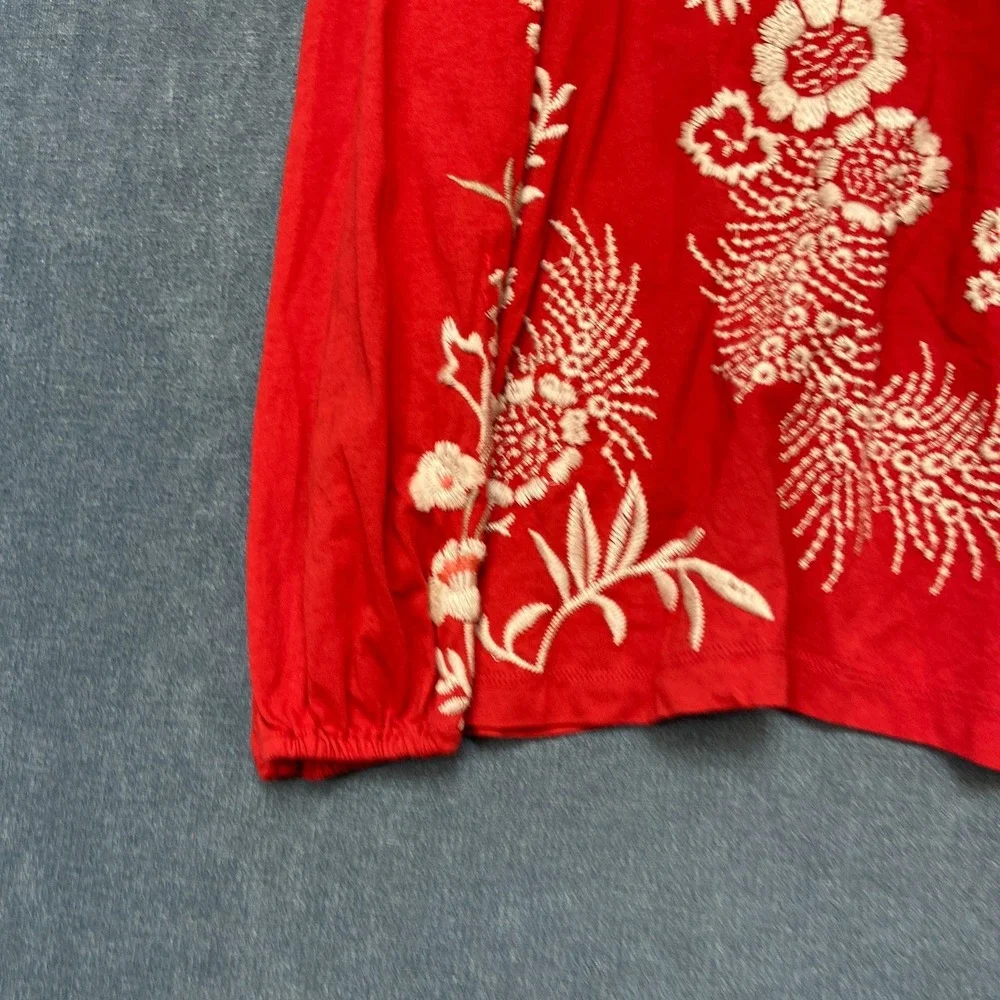 Johnny Was Ellia Top Womens Small Red Puff Sleeve Embroidered Floral Round Neck